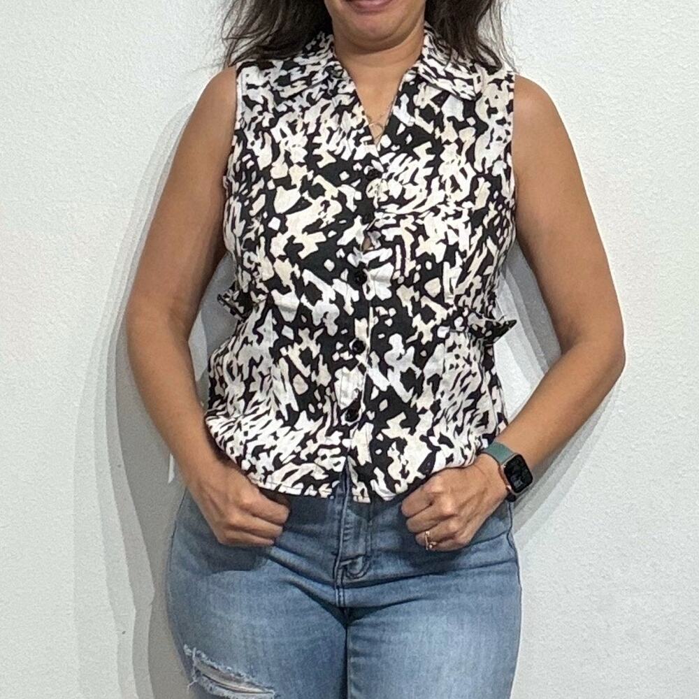 Carol Little Leopard Print Linen Button Down Sleeveless Blouse Sz S